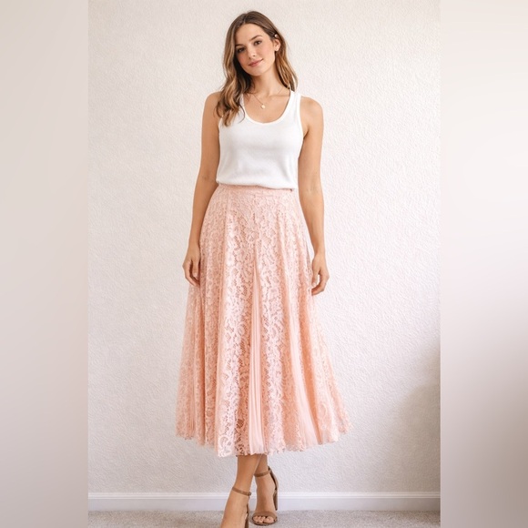 Sandro Dresses & Skirts - Sandro Pale Pink Pleated Detail Floral Lace Midi Skirt size 2